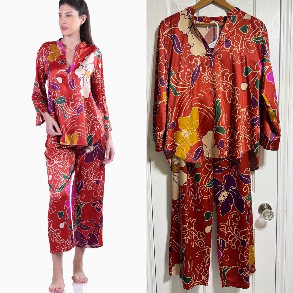 Natori satin pajama pant set rust floral cropped flowy top size large